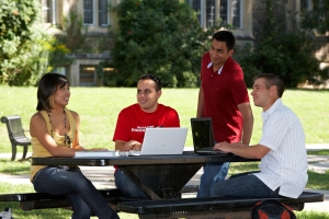 Engineering students on campus enjoying some conversation time.